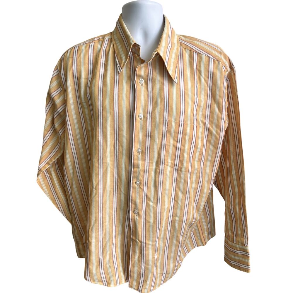🧡 Towncraft Penn-Prest XL 17-17.5 Tan Stripe Button-Up Vintage 70s Retro Disco